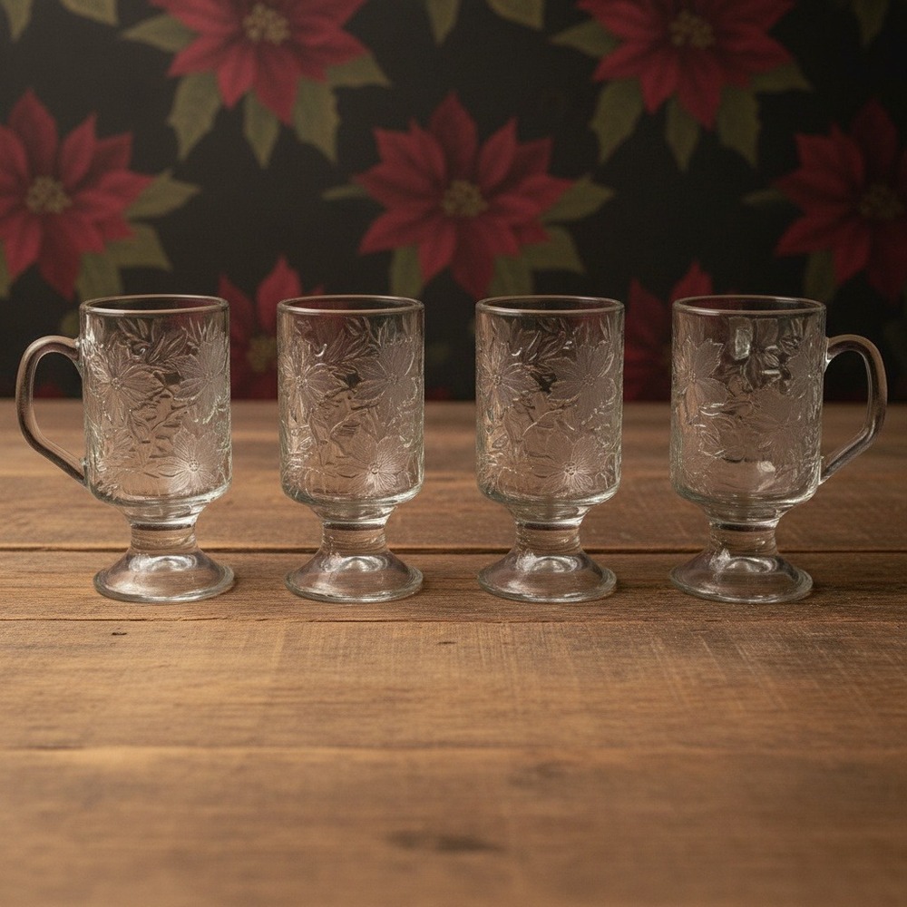 Princess House Fantasia Irish Coffee Mugs, Set Of 4, Footed Floral Glass Cups